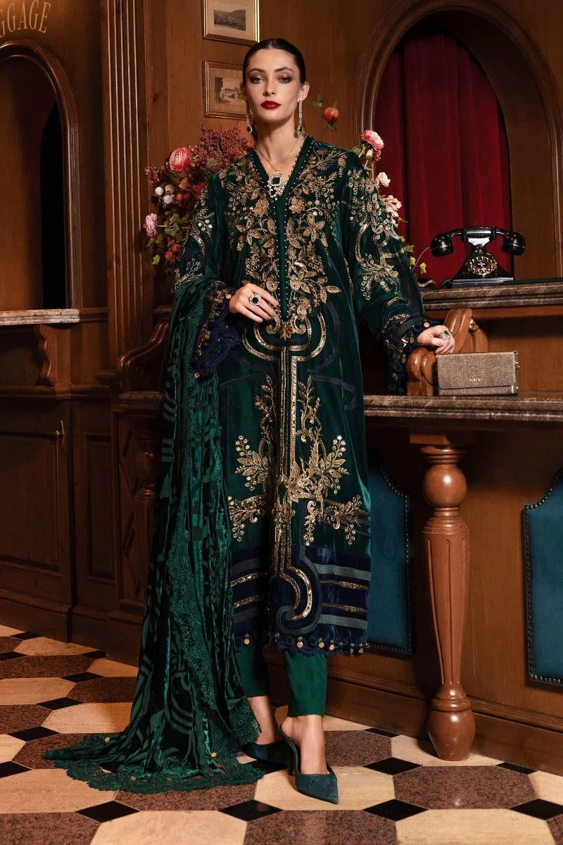 maria b green dress MB-W-25-WL-1302-Emerald Designer Chiffon Suit in Emerald Green Bridesmaid Dress chapel-train Size:104 / 4 years