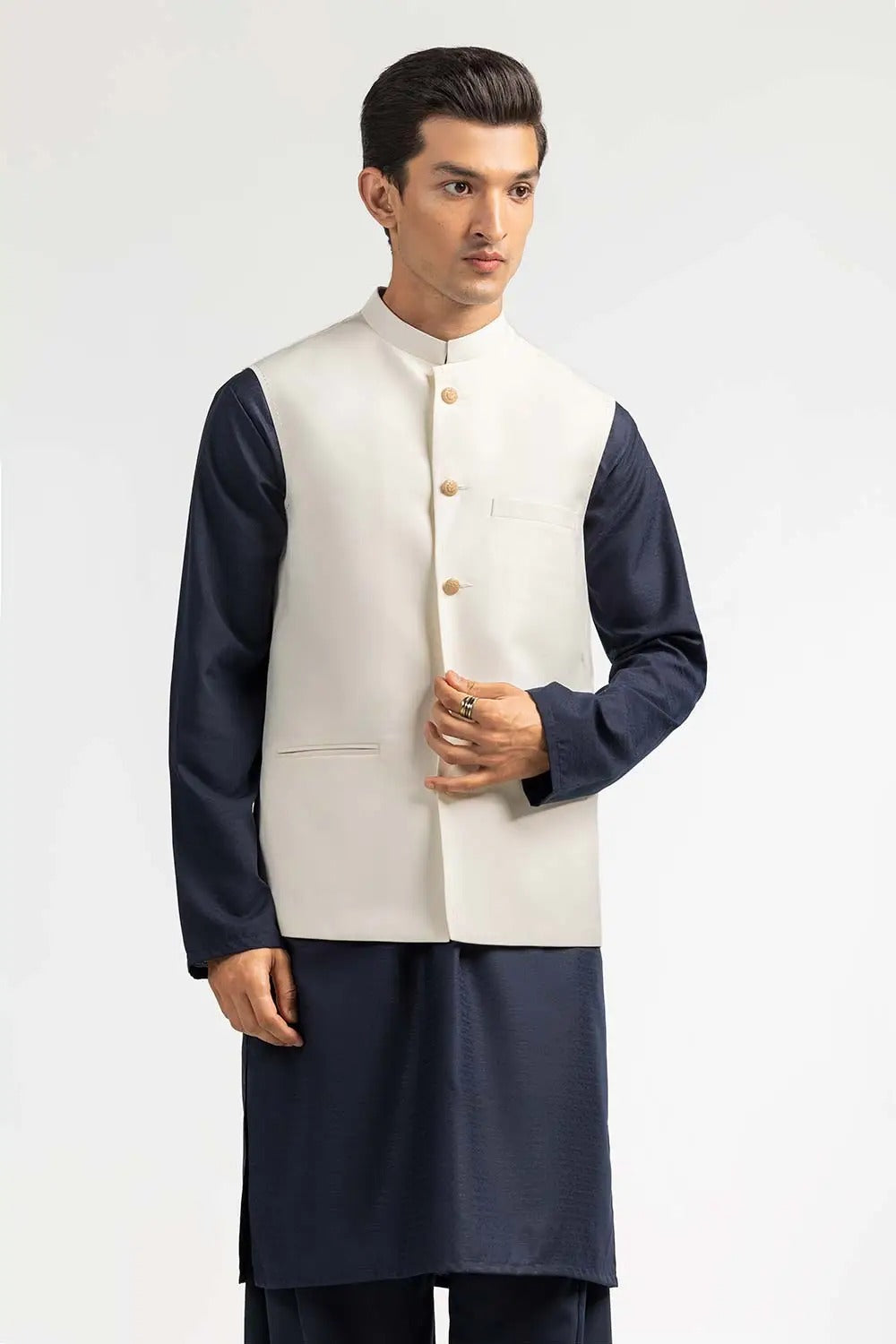 Gul Ahmed Ready to Wear Off White Stylized Waistcoat - WC-PD22-008