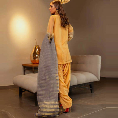 Charizma Chimmer Embroidered Chiffon Luxury 3PC  UNSTITCHED DRESS CC-25 - YELLOW