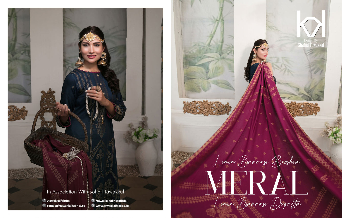 Tawakkal Fabrics Meral Linen Banarsi Broshia Collection 2021