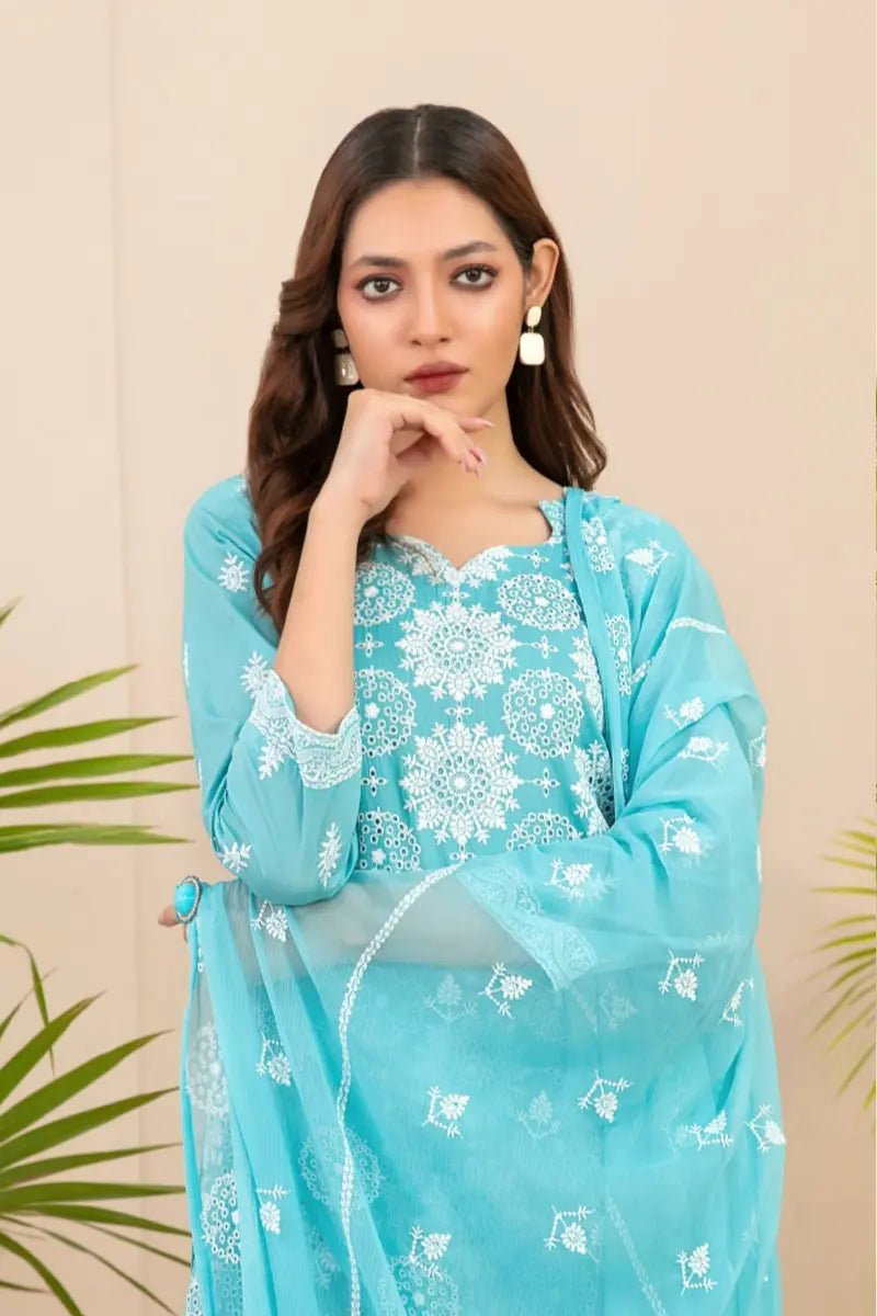 Tawakkal Fabrics 3 Piece Stitched Fancy Embroidered Schiffli Lawn Suit - D-2206