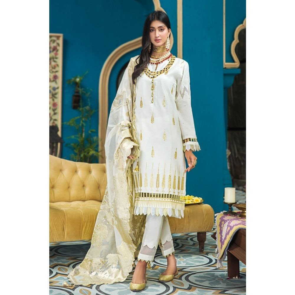 Gul Ahmed 3PC Unstitched Festive Embroidered Suit with Organza Zari Jacquard Dupatta FE-282