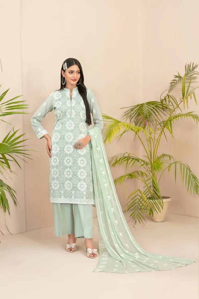 Tawakkal Fabrics 3 Piece Stitched Fancy Embroidered Schiffli Lawn Suit - D-2208