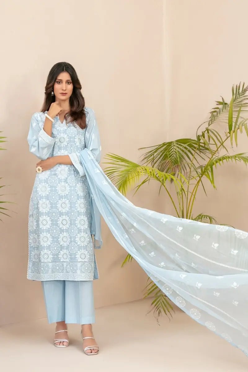 Tawakkal Fabrics 3 Piece Stitched Fancy Embroidered Schiffli Lawn Suit - D-2210