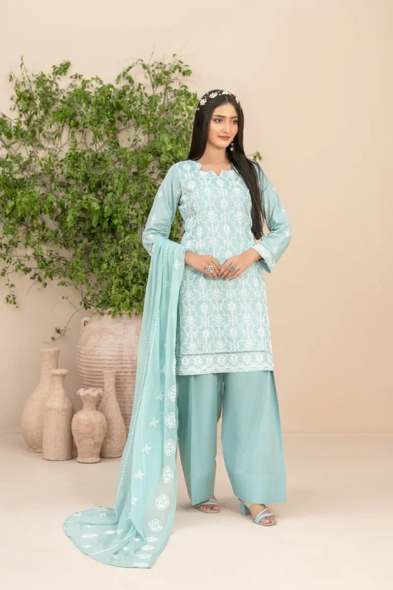 Tawakkal Fabrics 3 Piece Stitched Fancy Embroidered Schiffli Lawn Suit - D-2204
