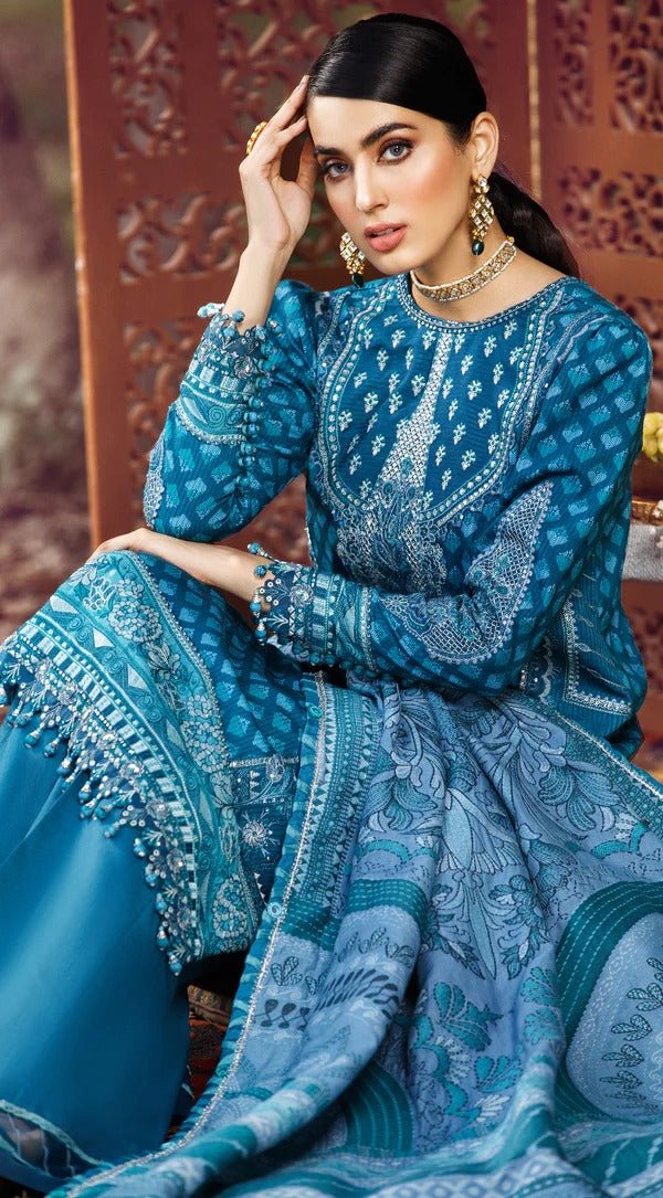 Anaya By Kiran Chaudhry 3 Piece Unstitched Embroidered Dobby Linen Suit - AEL22-04 FARAH