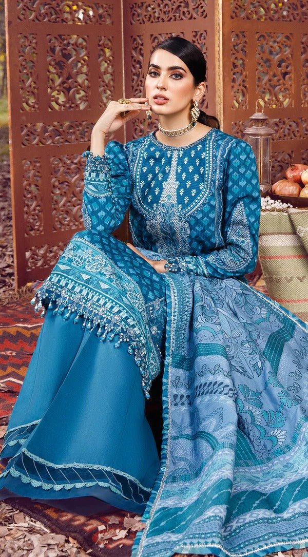 Anaya By Kiran Chaudhry 3 Piece Unstitched Embroidered Dobby Linen Suit - AEL22-04 FARAH