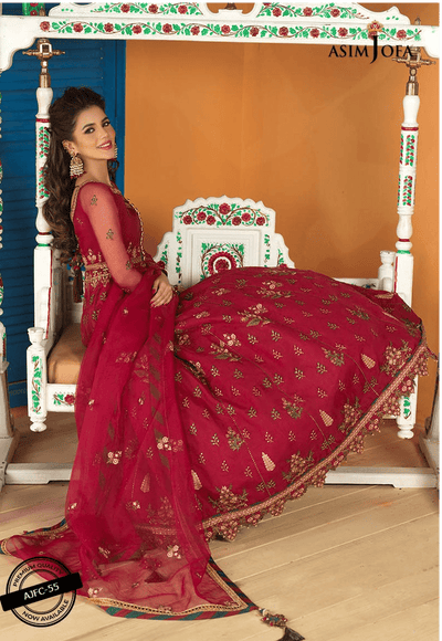 Asim Jofa 3 Piece Embroidered Suit - Cherry Red AJFC-55