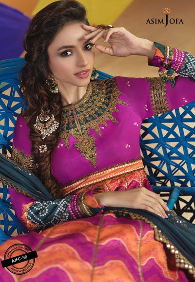 Asim Jofa 3 Piece Embroidered Suit - Magenta and Burnt Orange AJFC-58