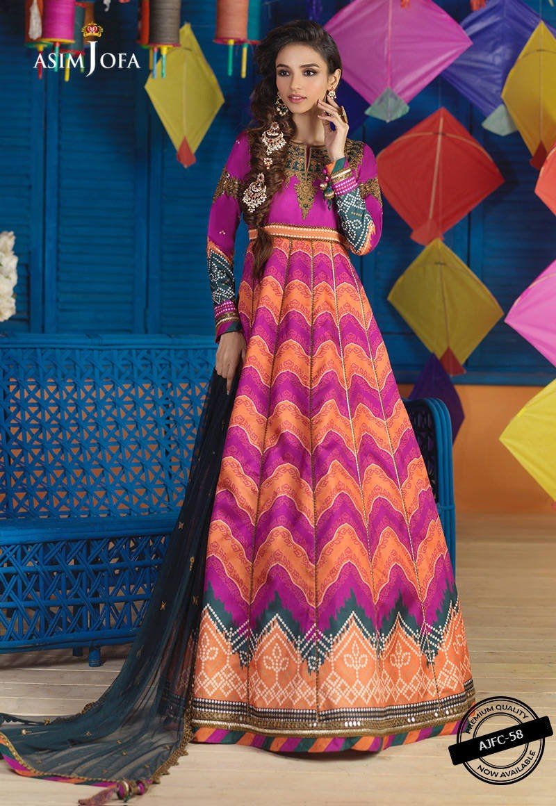 Asim Jofa 3 Piece Embroidered Suit - Magenta and Burnt Orange AJFC-58