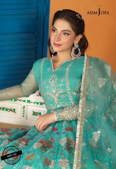 Asim Jofa 3 Piece Embroidered Suit - Aqua Blue AJFC-62