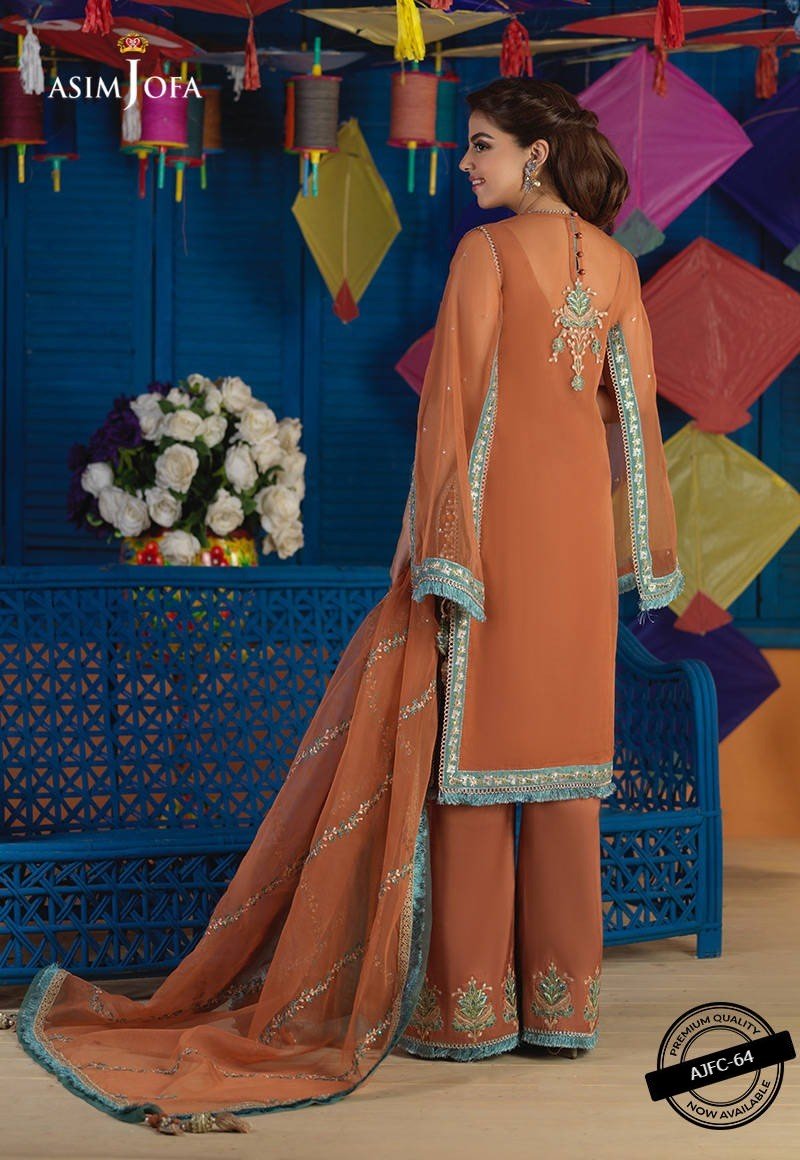 Asim Jofa 3 Piece Embroidered Suit - Rust AJFC-64