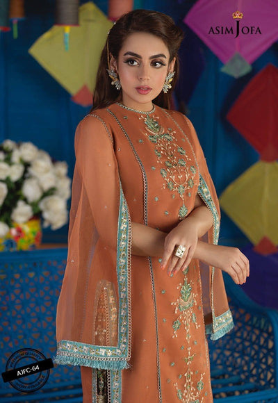 Asim Jofa 3 Piece Embroidered Suit - Rust AJFC-64