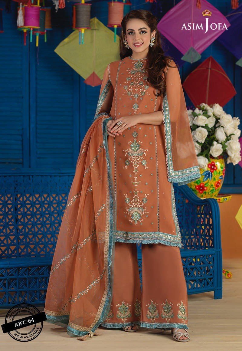 Asim Jofa 3 Piece Embroidered Suit - Rust AJFC-64