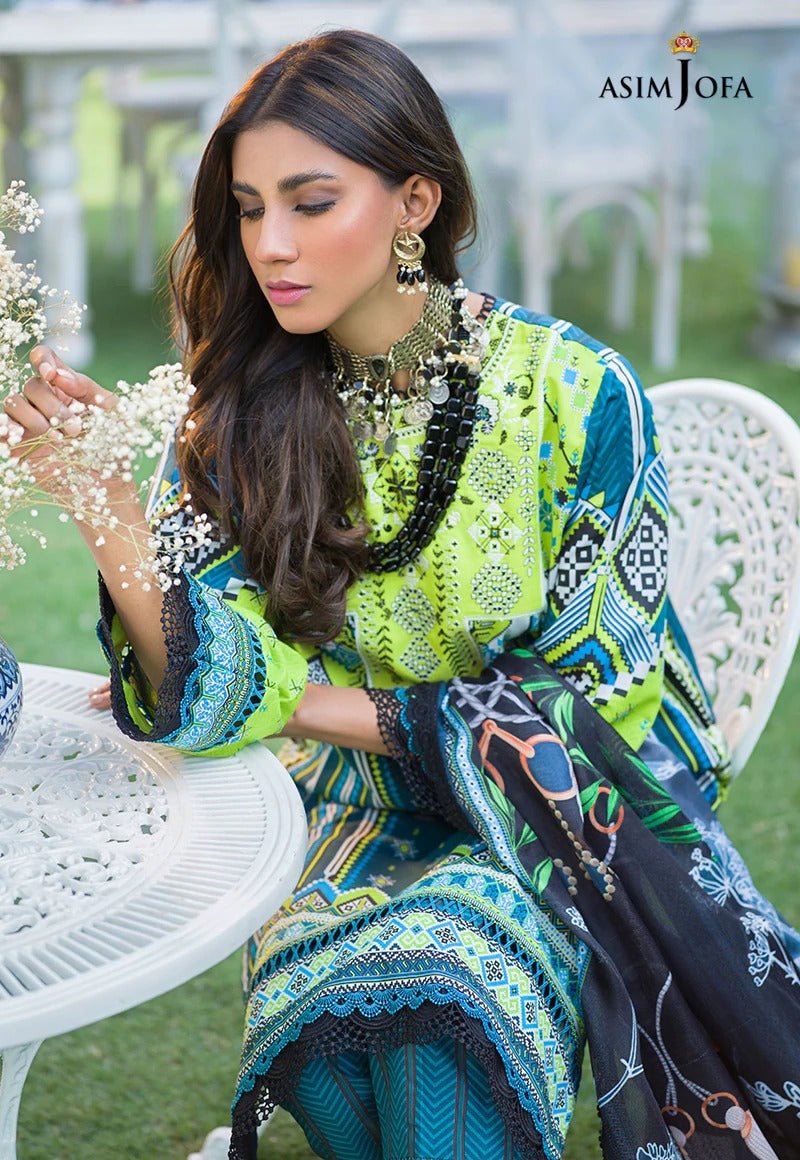 Asim Jofa 3 Piece Printed Suit - AJPR-06 TEAL AND PARROT GREEN