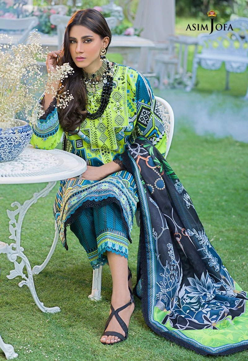 Asim Jofa 3 Piece Printed Suit - AJPR-06 TEAL AND PARROT GREEN