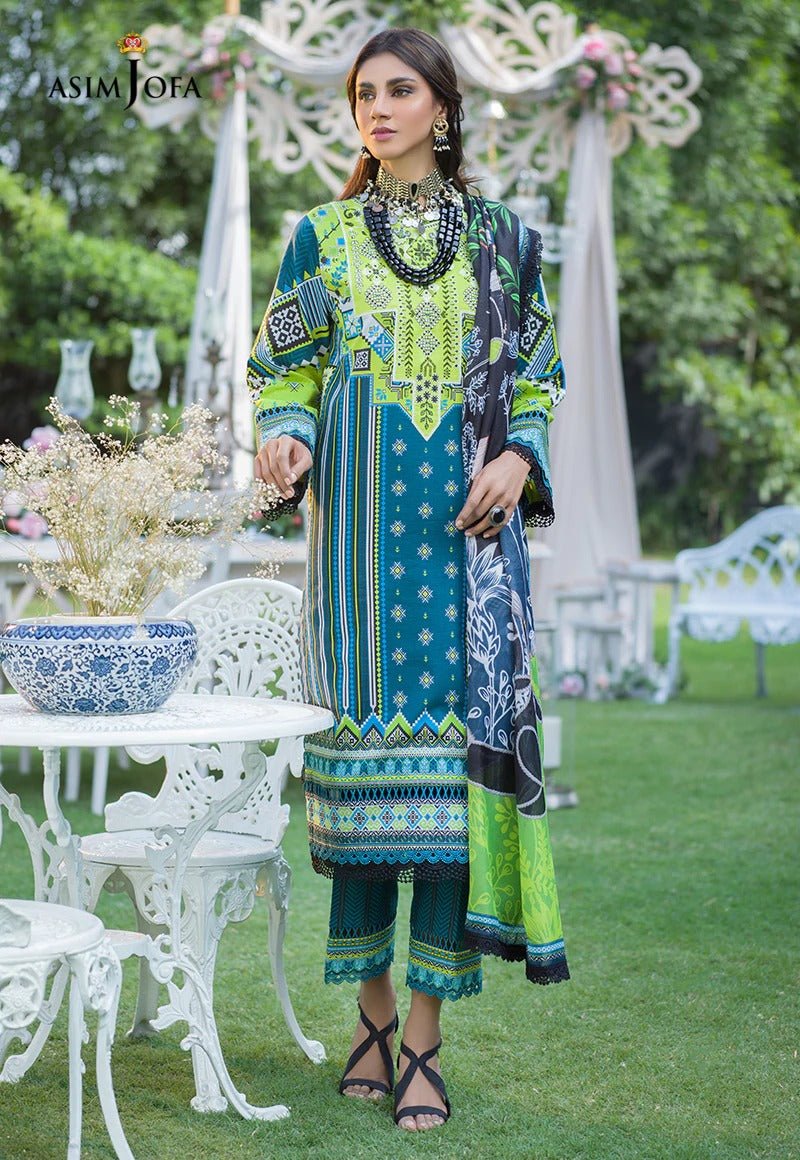 Asim Jofa 3 Piece Printed Suit - AJPR-06 TEAL AND PARROT GREEN