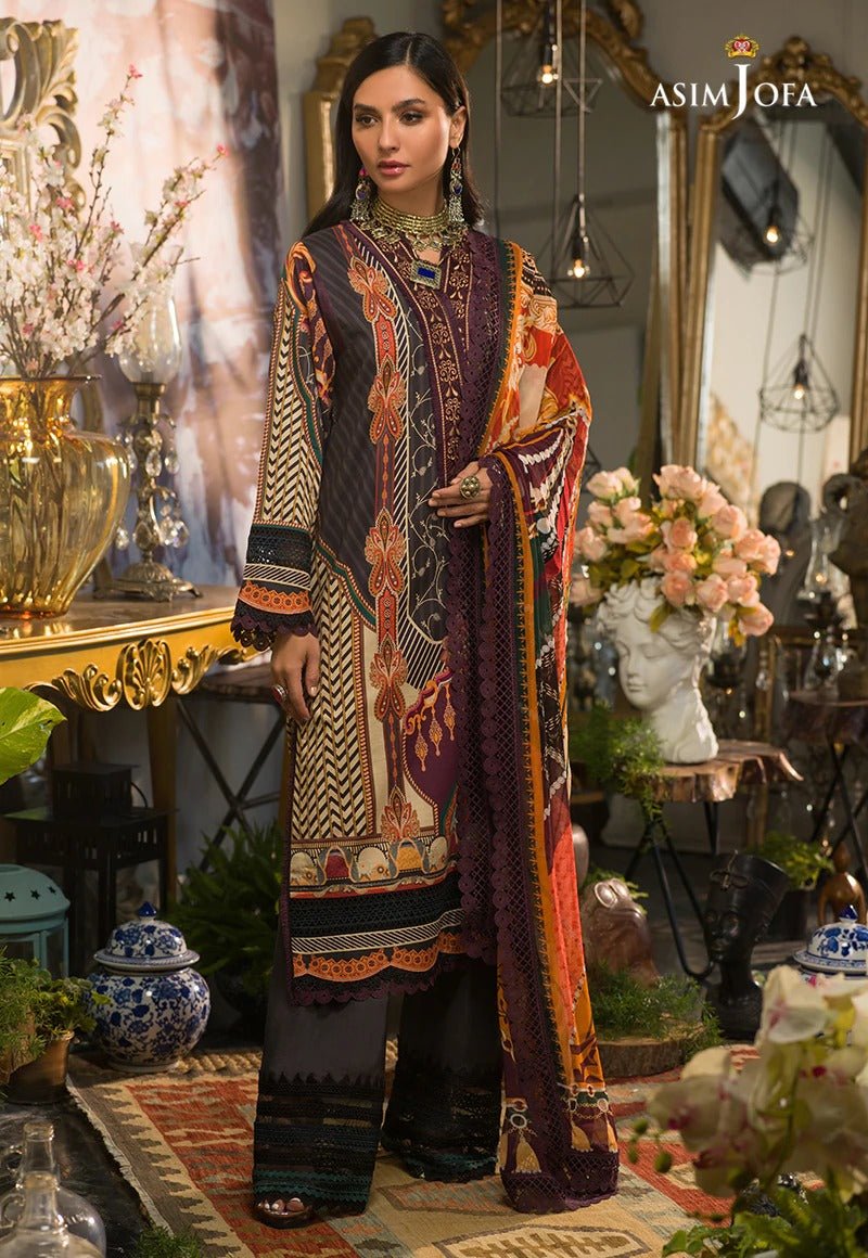 Asim Jofa 3 Piece Printed Suit - AJPR-10 DEEP PLUM AND BLACK