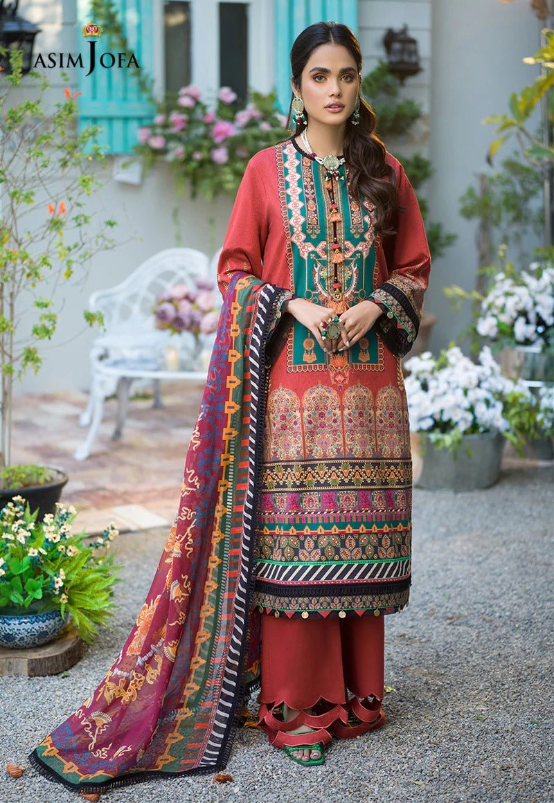 Asim Jofa 3 Piece Printed Suit - AJPR-12 RUST