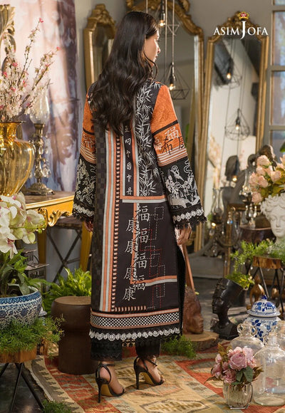 Asim Jofa 1 Piece Printed Suit - AJPR-29 BURNT ORANGE AND BLACK