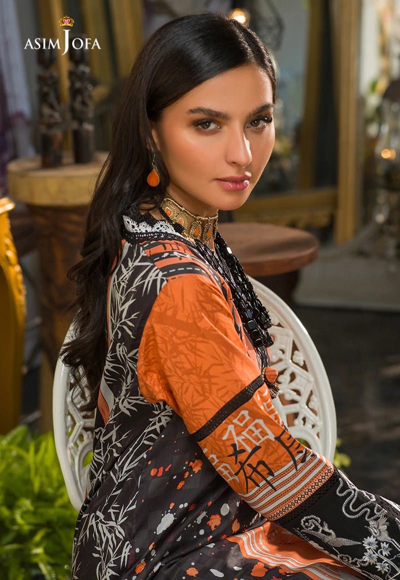 Asim Jofa 1 Piece Printed Suit - AJPR-29 BURNT ORANGE AND BLACK