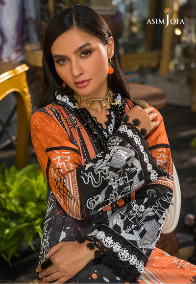 Asim Jofa 1 Piece Printed Suit - AJPR-29 BURNT ORANGE AND BLACK