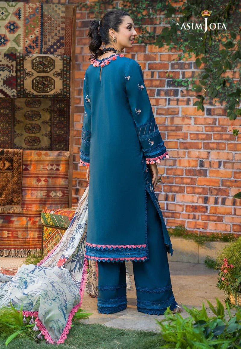 Asim Jofa 3 Piece Embroidered Suit - AJPR-37 PEACOCK BLUE