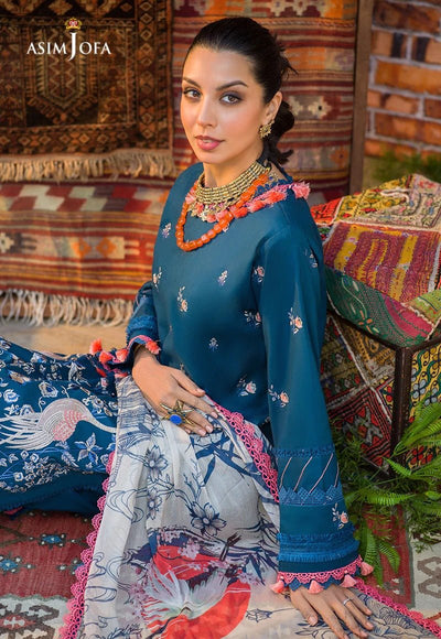 Asim Jofa 3 Piece Embroidered Suit - AJPR-37 PEACOCK BLUE