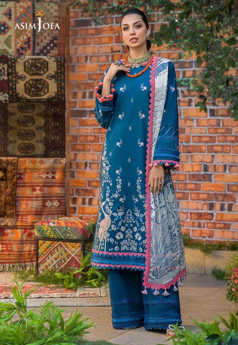 Asim Jofa 3 Piece Embroidered Suit - AJPR-37 PEACOCK BLUE