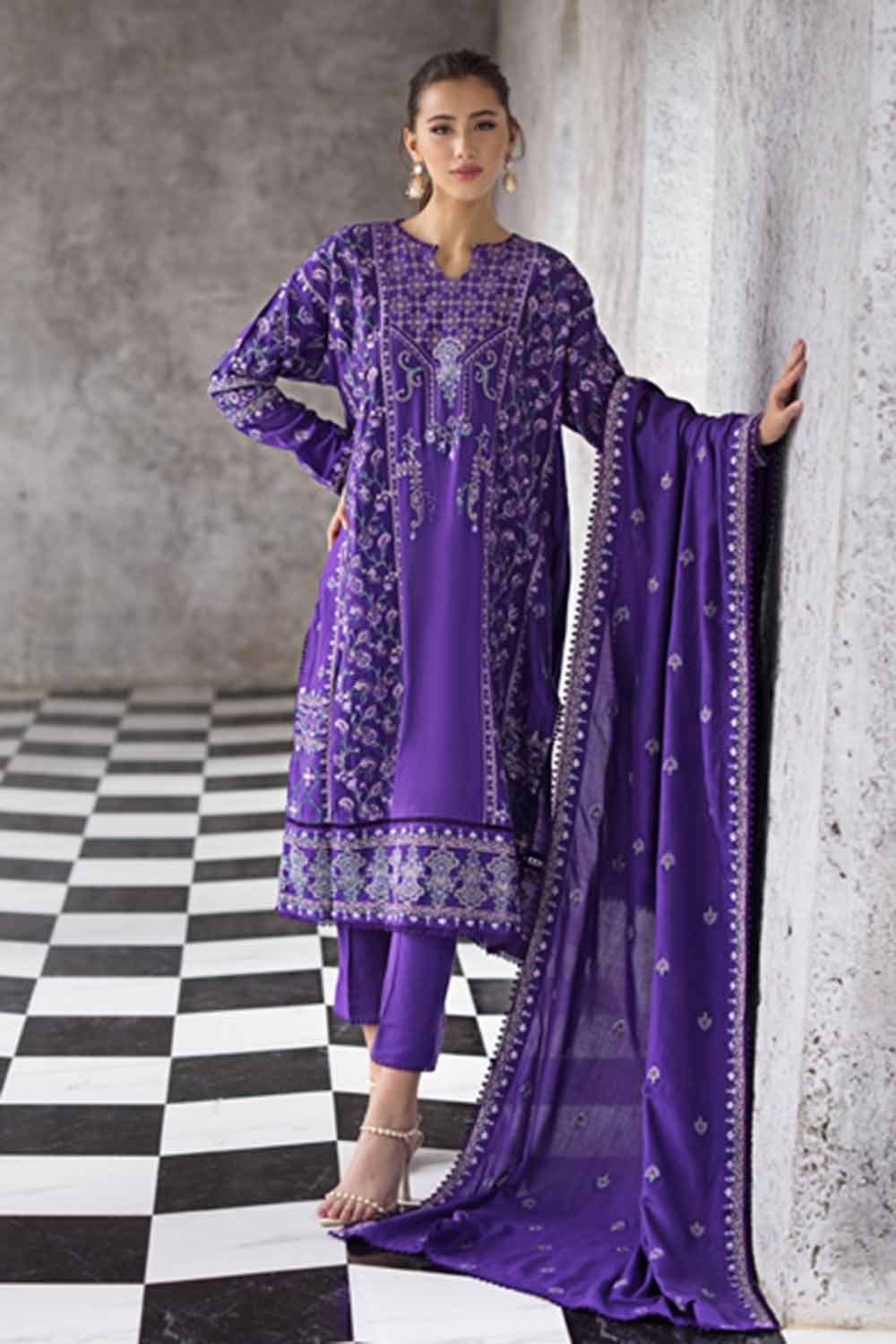 Gul Ahmed 3PC Embroidered Pashmina Unstitched Suit with Embroidered Pashmina Shawl AP-32054