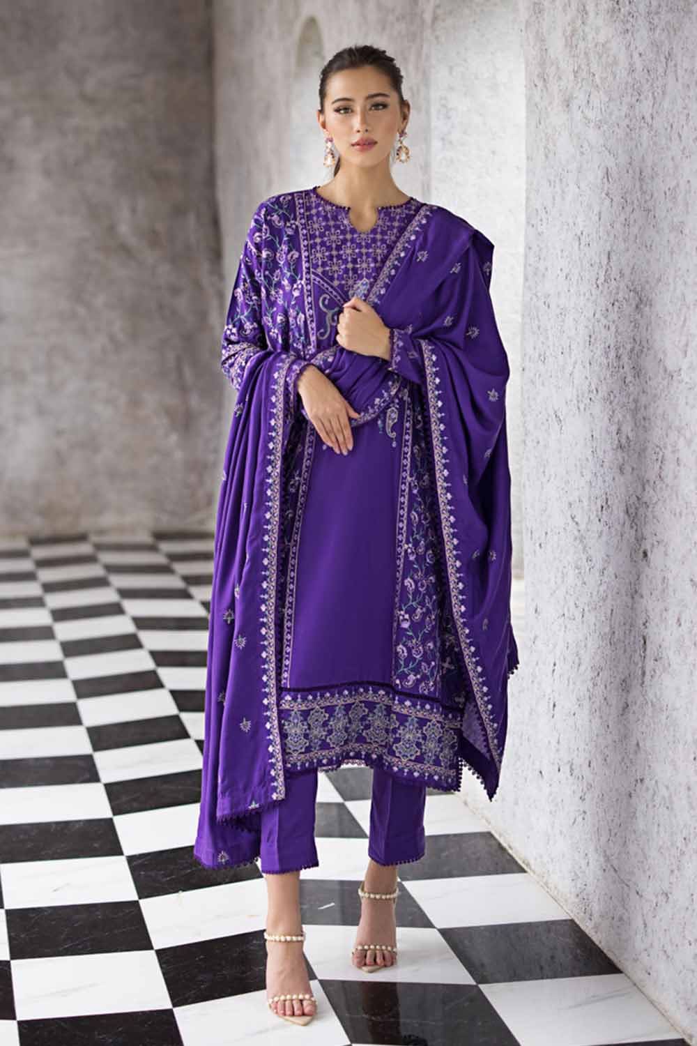 Gul Ahmed 3PC Embroidered Pashmina Unstitched Suit with Embroidered Pashmina Shawl AP-32054