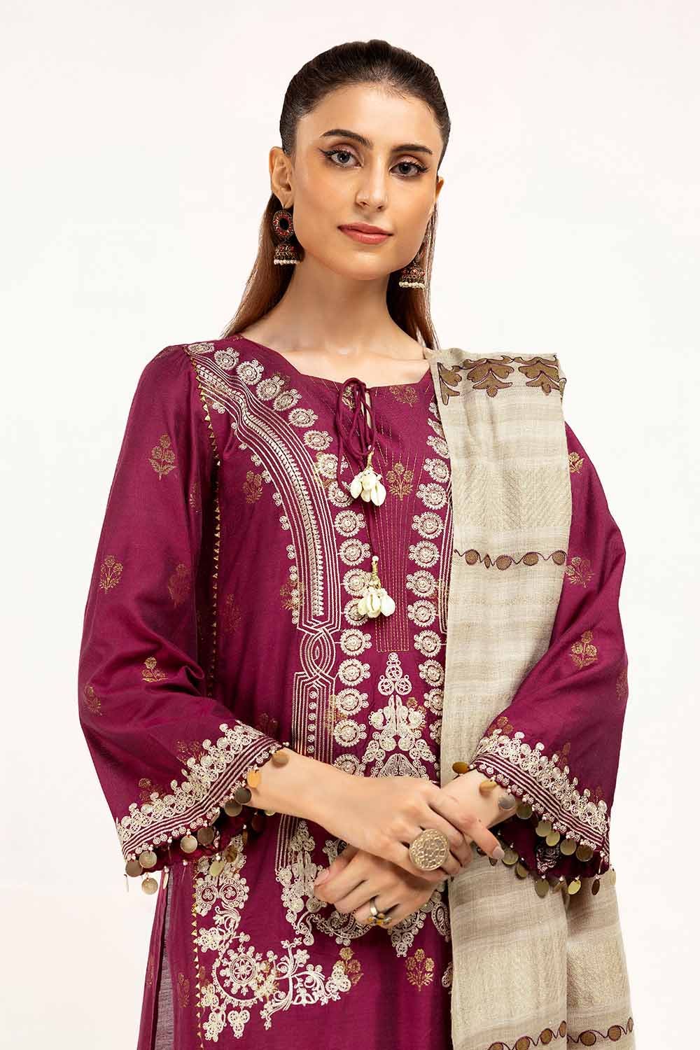 Gul Ahmed 3 Piece Unstitched Embroidered Jacquard Suit with Embroidered Pashmina Dupatta AP-42019