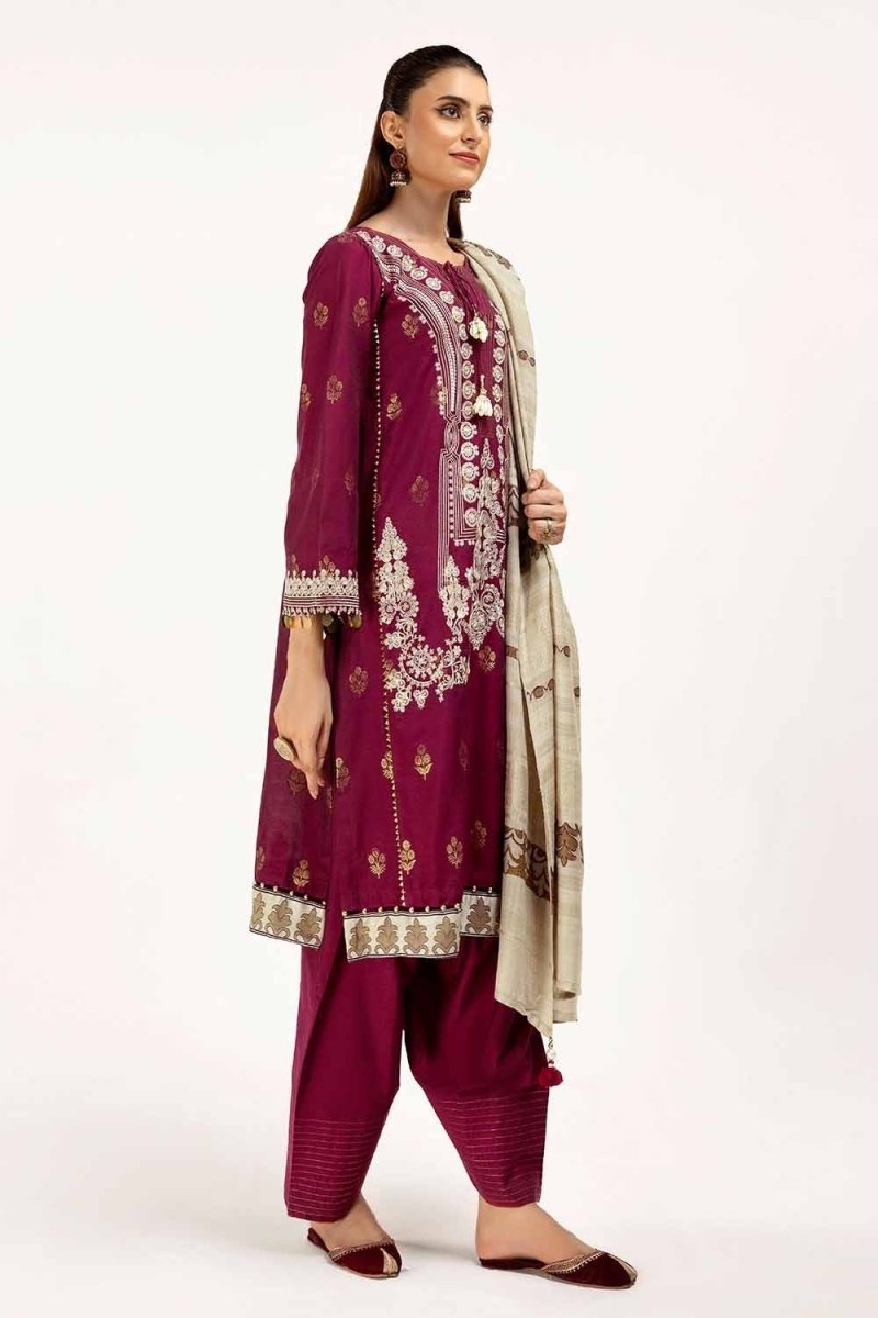 Gul Ahmed 3 Piece Unstitched Embroidered Jacquard Suit with Embroidered Pashmina Dupatta AP-42019