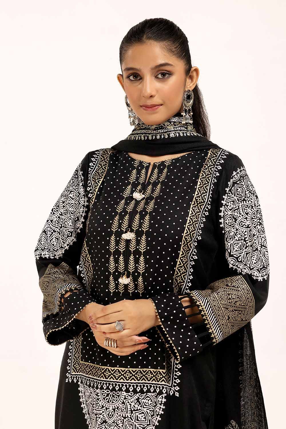 Gul Ahmed 3 Piece Unstitched Gold and Lacquer Printed Arcylic Suit with Embroidered Lacquer Pashmina Dupatta AP-42021