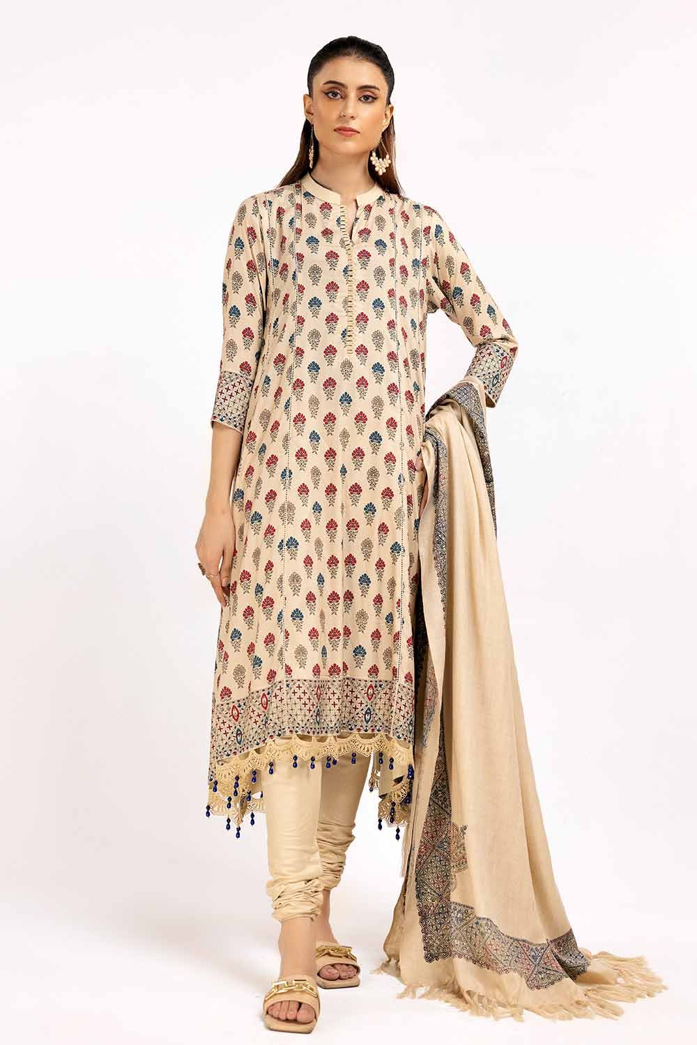 Gul Ahmed 3 Piece Unstitched Printed Linen Suit with Embroidered Printed Pashmina Dupatta AP-42049