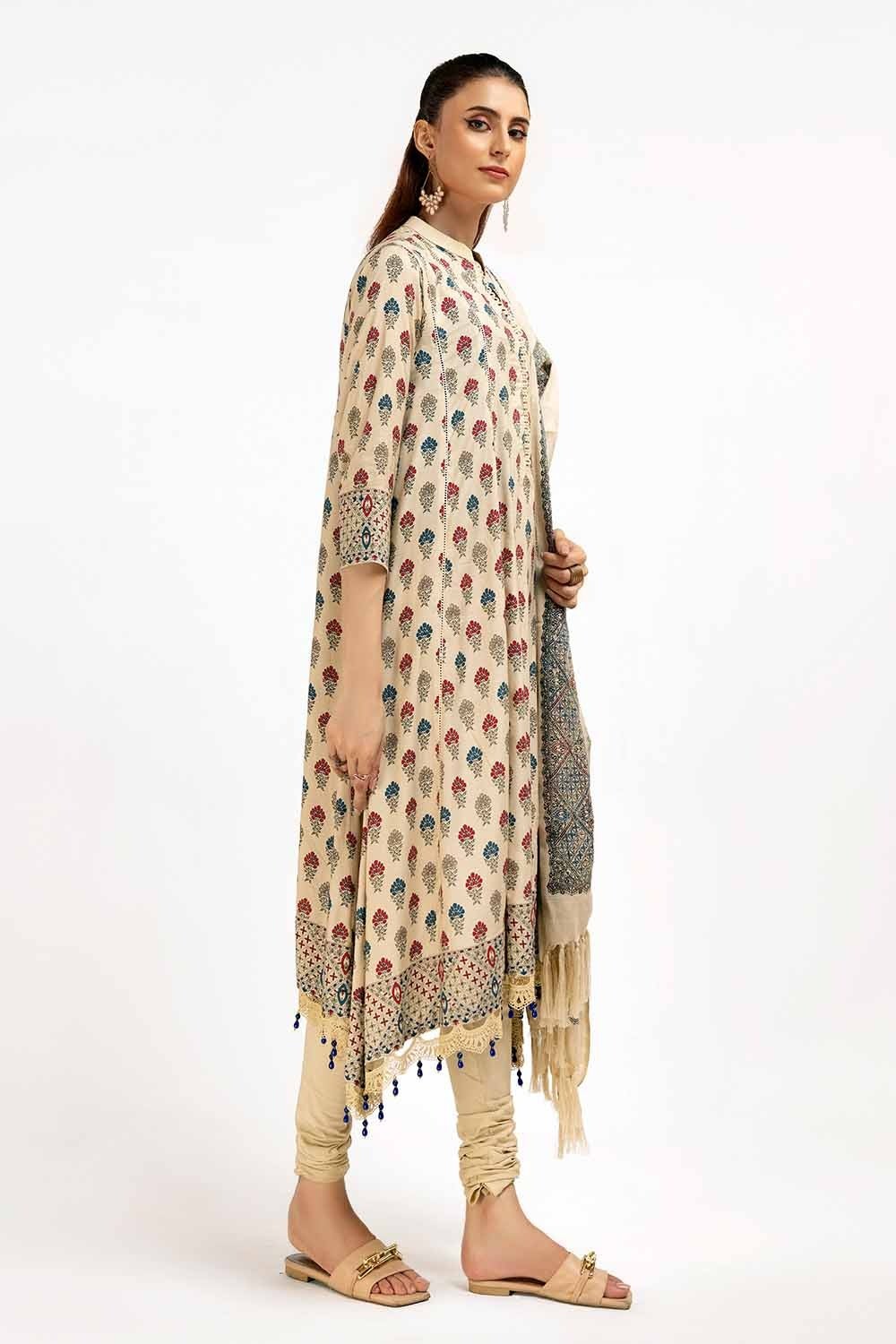 Gul Ahmed 3 Piece Unstitched Printed Linen Suit with Embroidered Printed Pashmina Dupatta AP-42049