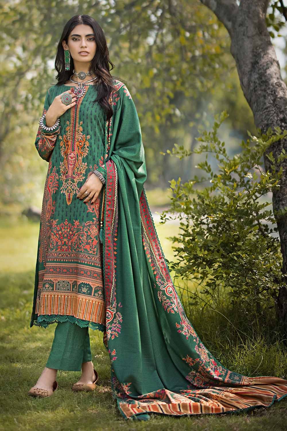 Gul Ahmed 3PC Digital Printed Karandi Unstitched Suit with Embroidered Neckline on Organza AY-32010