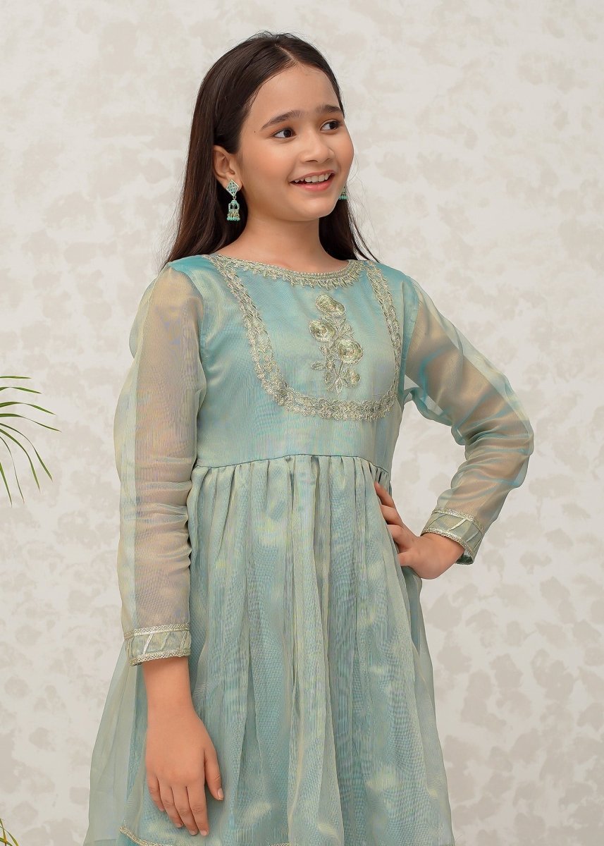 Modest Stitched Kid’s Green Maysuri Frock - 9025