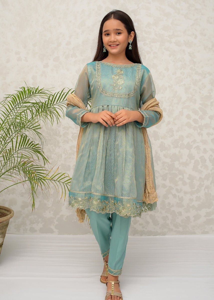 Modest Stitched Kid’s Green Maysuri Frock - 9025