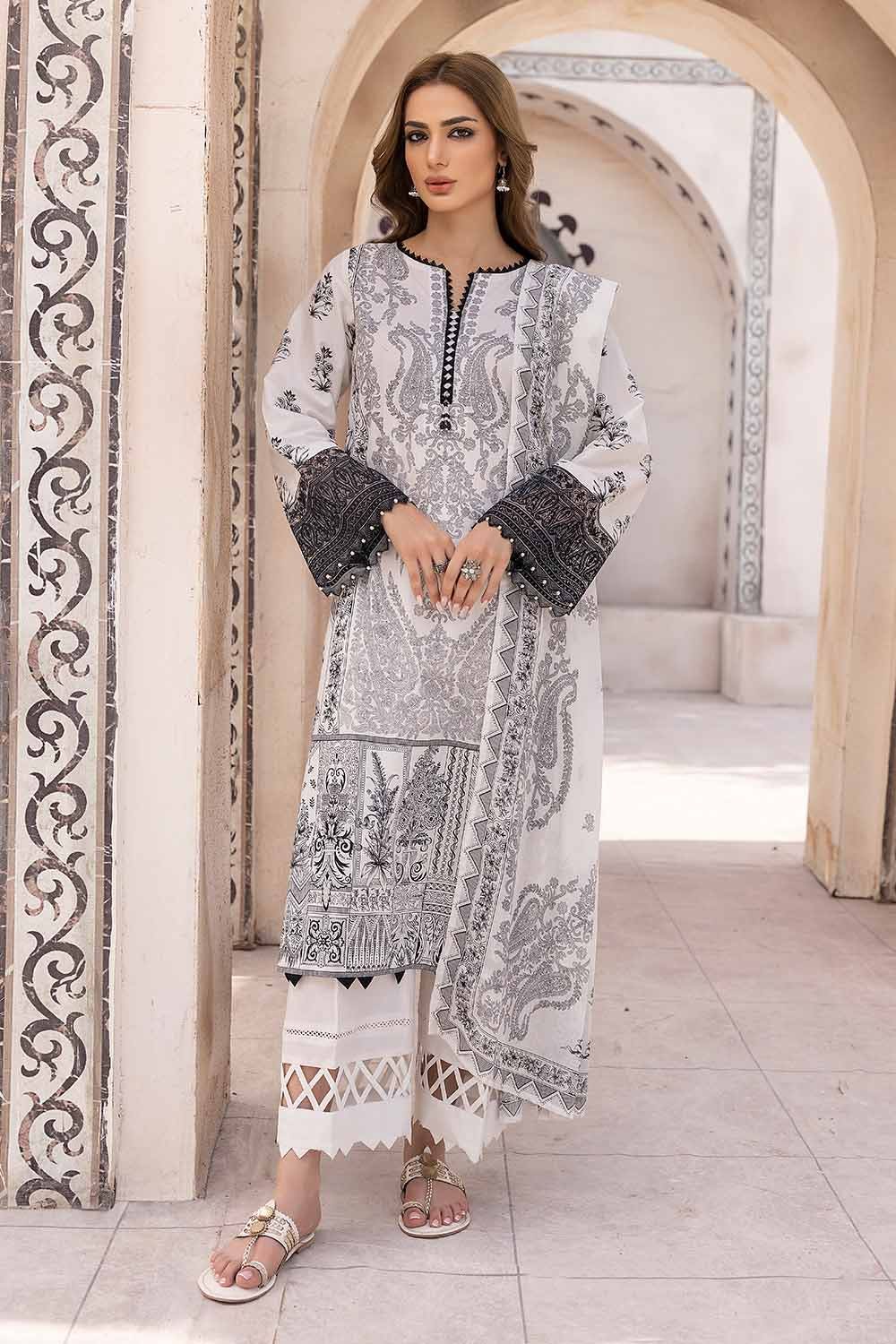 Gul Ahmed 3PC Unstitched Embroidered Lawn Suit with Organza Neckline B-32034