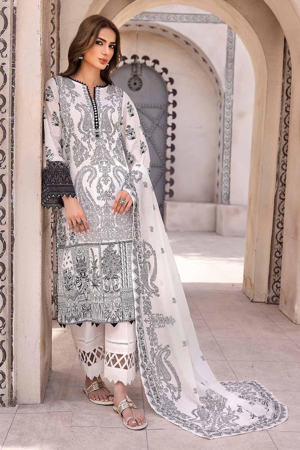 Gul Ahmed 3PC Unstitched Embroidered Lawn Suit with Organza Neckline B-32034