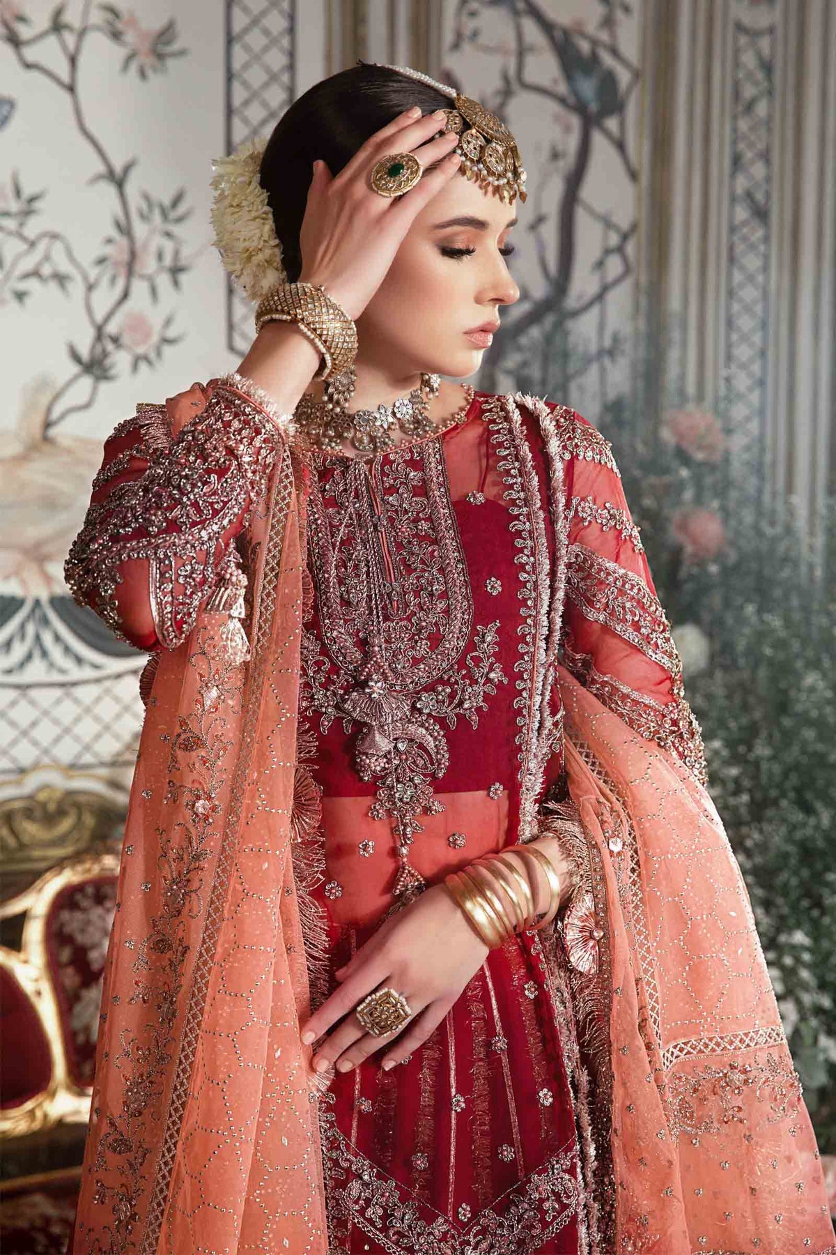 Maria. B 03 Piece Unstitched Embroidered Organza Suit - Maroon BD-2708