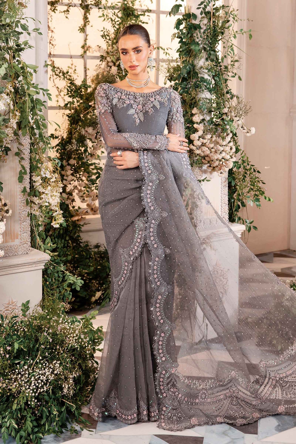 Maria. B 3 Piece Unstitched Embroidered Organza Suit - BD-2902-CLOUD GREY