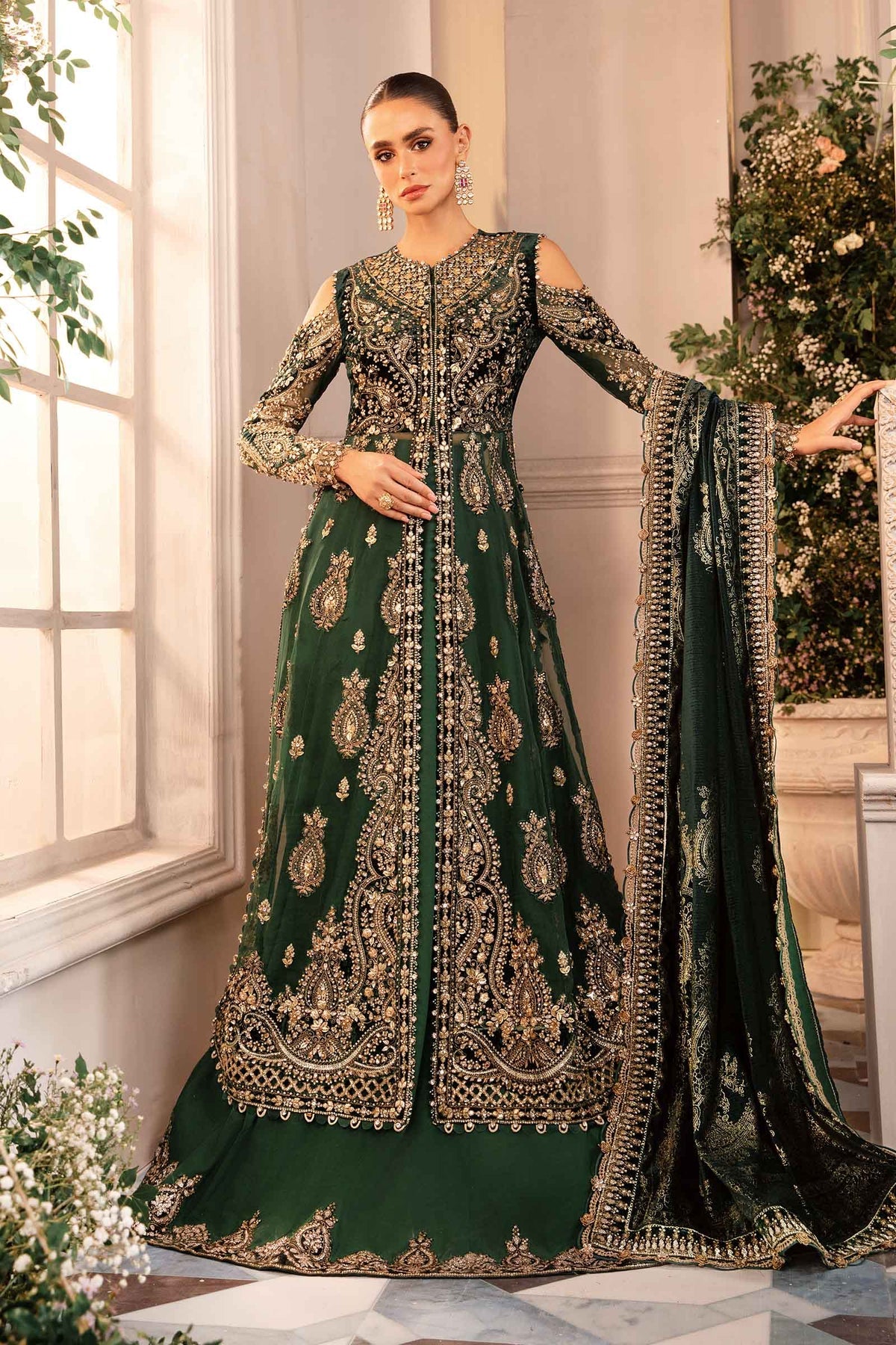 Maria. B 3 Piece Unstitched Embroidered Organza Suit - BD-2904-EMERALD GREEN