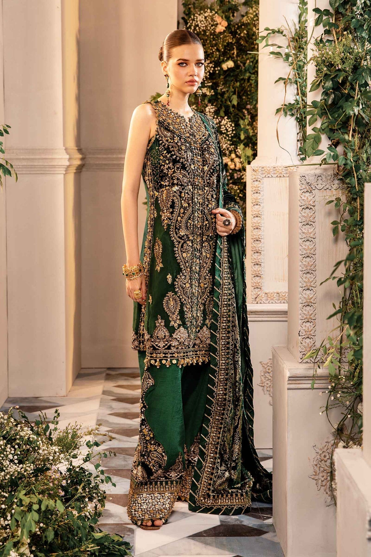 Maria. B 3 Piece Unstitched Embroidered Organza Suit - BD-2904-EMERALD GREEN