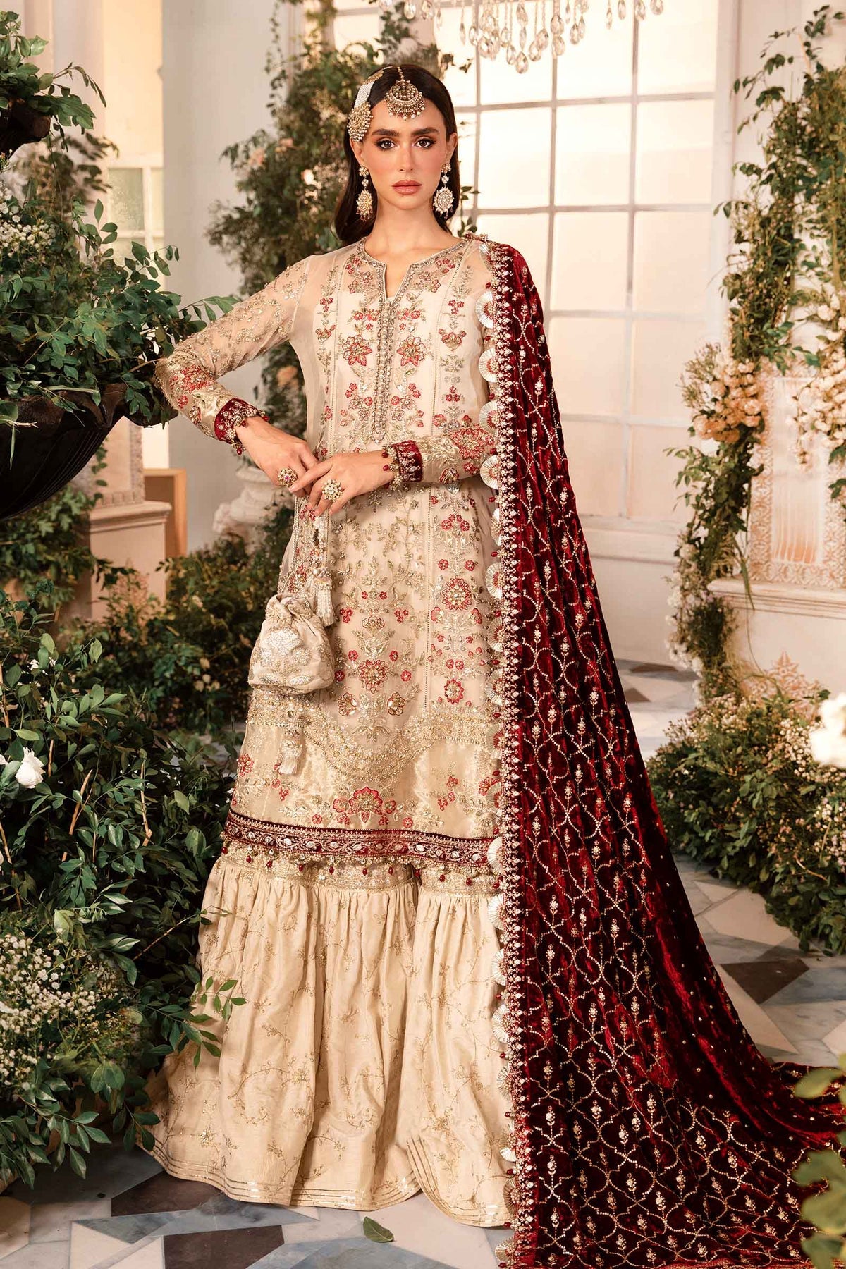 Maria. B 3 Piece Unstitched Embroidered Organza Suit - BD-2905-IVORY AND MAROON