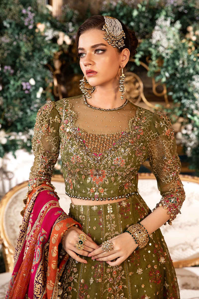 Maria. B 3 Piece Unstitched Embroidered Organza Suit - BD-2906-OLIVE GREEN