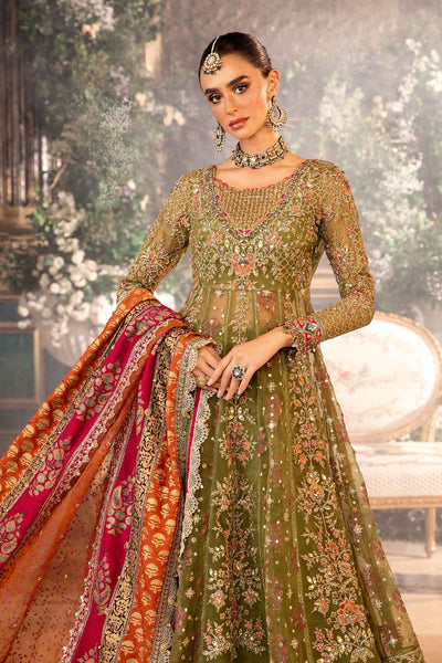 Maria. B 3 Piece Unstitched Embroidered Organza Suit - BD-2906-OLIVE GREEN