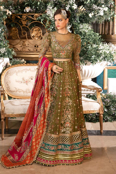 Maria. B 3 Piece Unstitched Embroidered Organza Suit - BD-2906-OLIVE GREEN