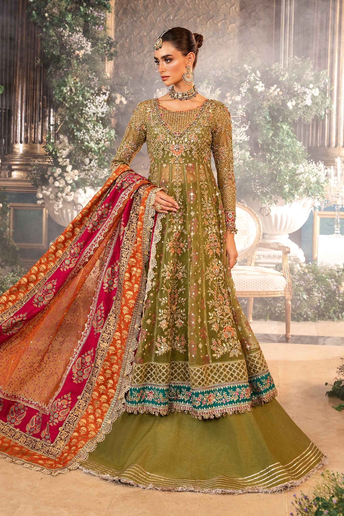 Maria. B 3 Piece Unstitched Embroidered Organza Suit - BD-2906-OLIVE GREEN